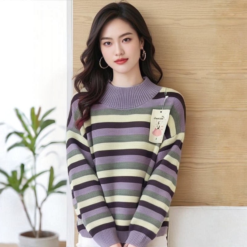 毛针织衫长袖针织衫条纹通勤毛衣慵懒风厚款冬针织女