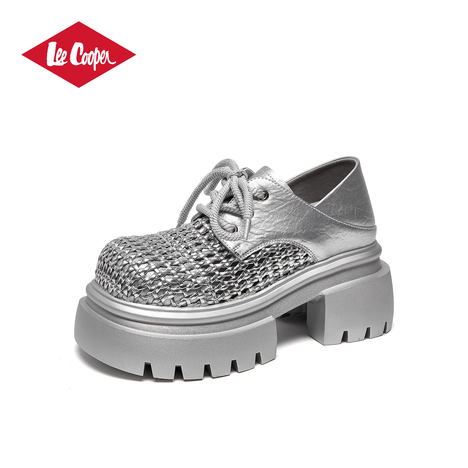【8CM增高】LEE COOPER厚底编织乐福鞋女2025款镂空渔网两穿休闲鞋
