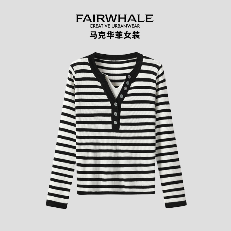 马克华菲QQ女装2025新款时尚气质百搭条纹修身显瘦小衫F53004A510