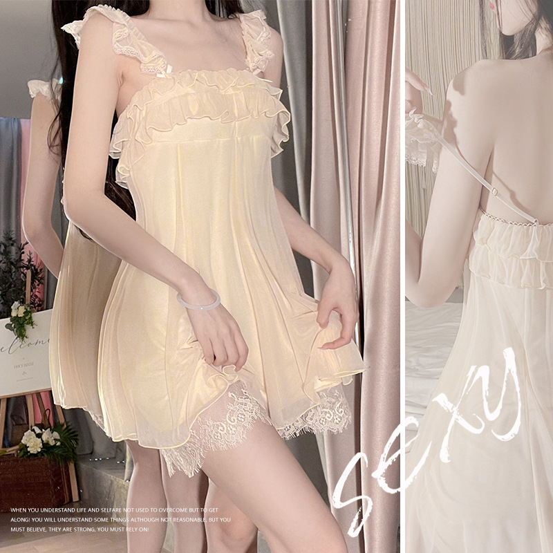 性感睡衣女堆堆领抹胸式网纱轻奢睡裙唯美浪漫挂脖绑带配丝袜套装