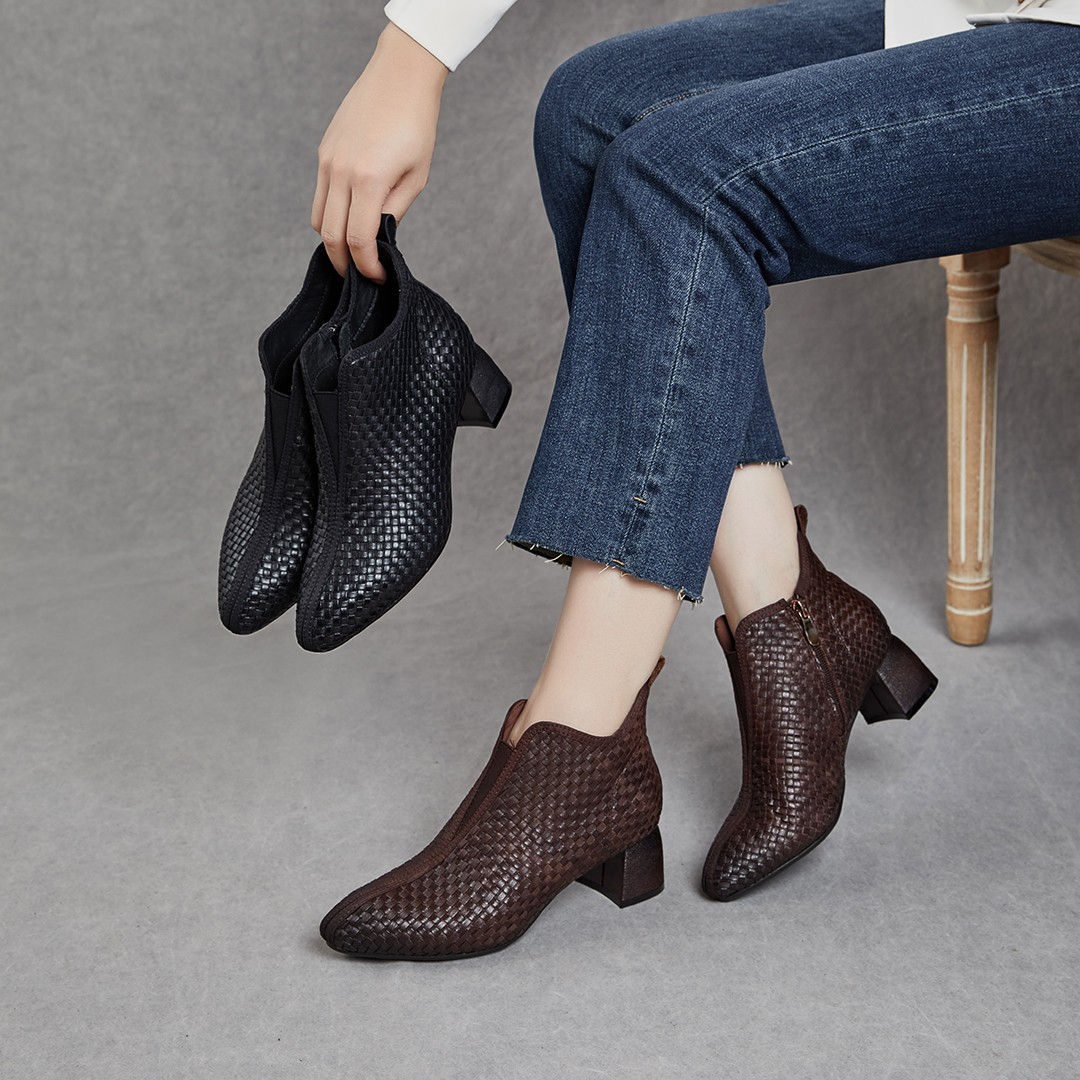 纯手工编织上脚高级感设计方便穿脱里外全皮鞋短靴底橡胶防滑软底