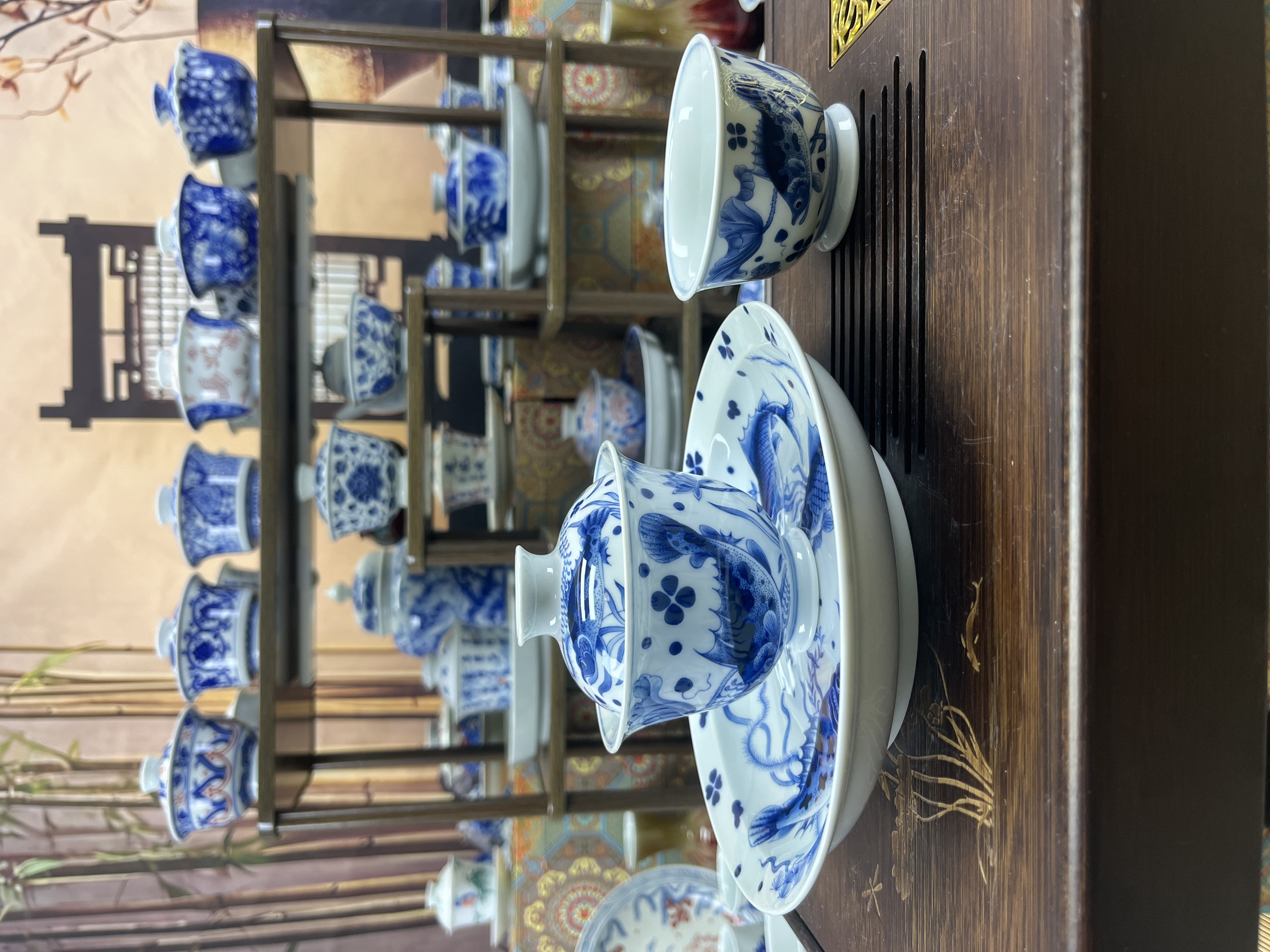 景德镇茶具薄胎青花鱼藻纹高档功夫茶具3件套组釉下彩