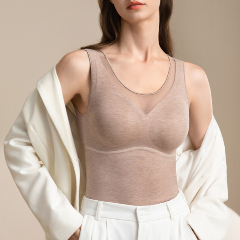 秋冬圆领蕾丝保暖背心女带胸垫弹性修身美背含羊绒蚕丝加绒打底衫