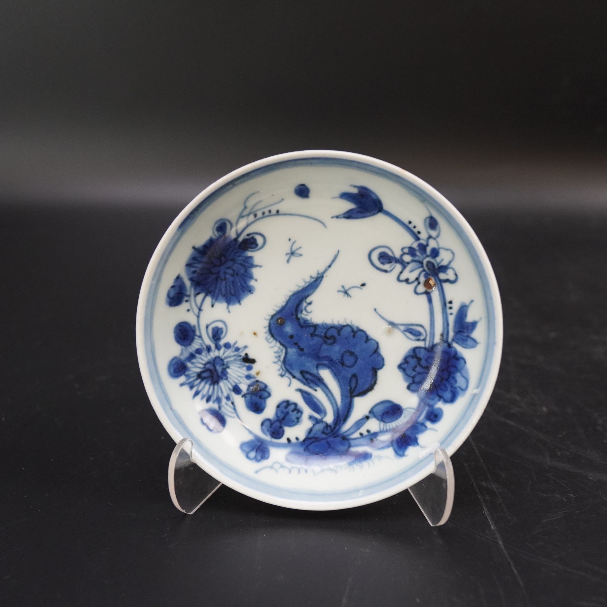 Lot.25120040明嘉靖青花花鸟纹盘 直径：约13.1cm