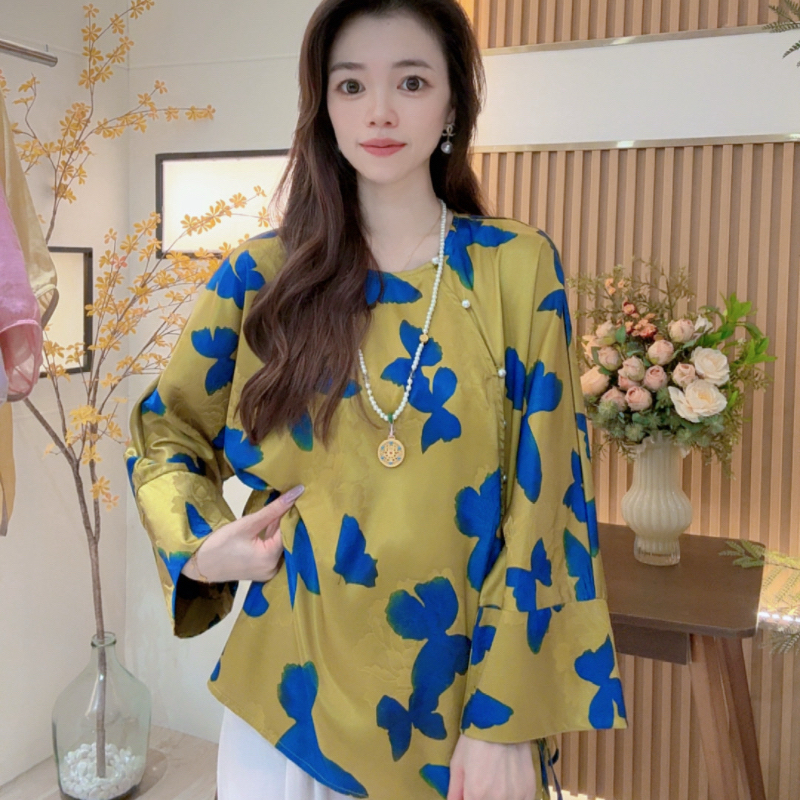 新中式复古气质盘扣醋酸提花国风印花夏季新款女装上衣