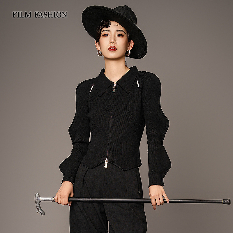 一电影一时装秋季新款翻领毛织开衫针织衫气质休闲女 FFBM133314