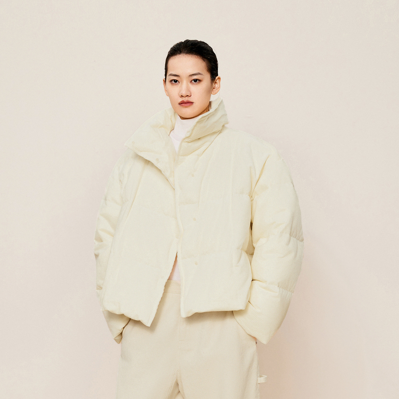 LESS灯芯绒短款羽绒服女冬大块面围裹烟囱领白鸭绒外套2OAC12950
