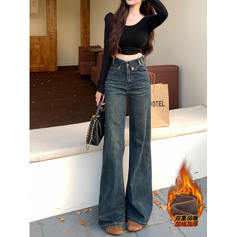 高腰翻边字母不贴腿加绒微喇牛仔裤女2025冬季新款显瘦百搭拖地裤