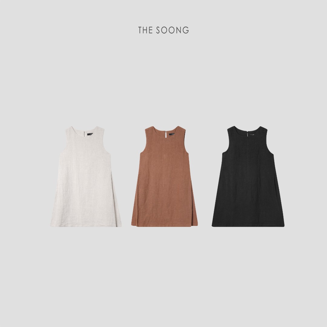THESOONG|克莱蒙费朗100%亚麻加软弓字褶修身无袖连衣裙