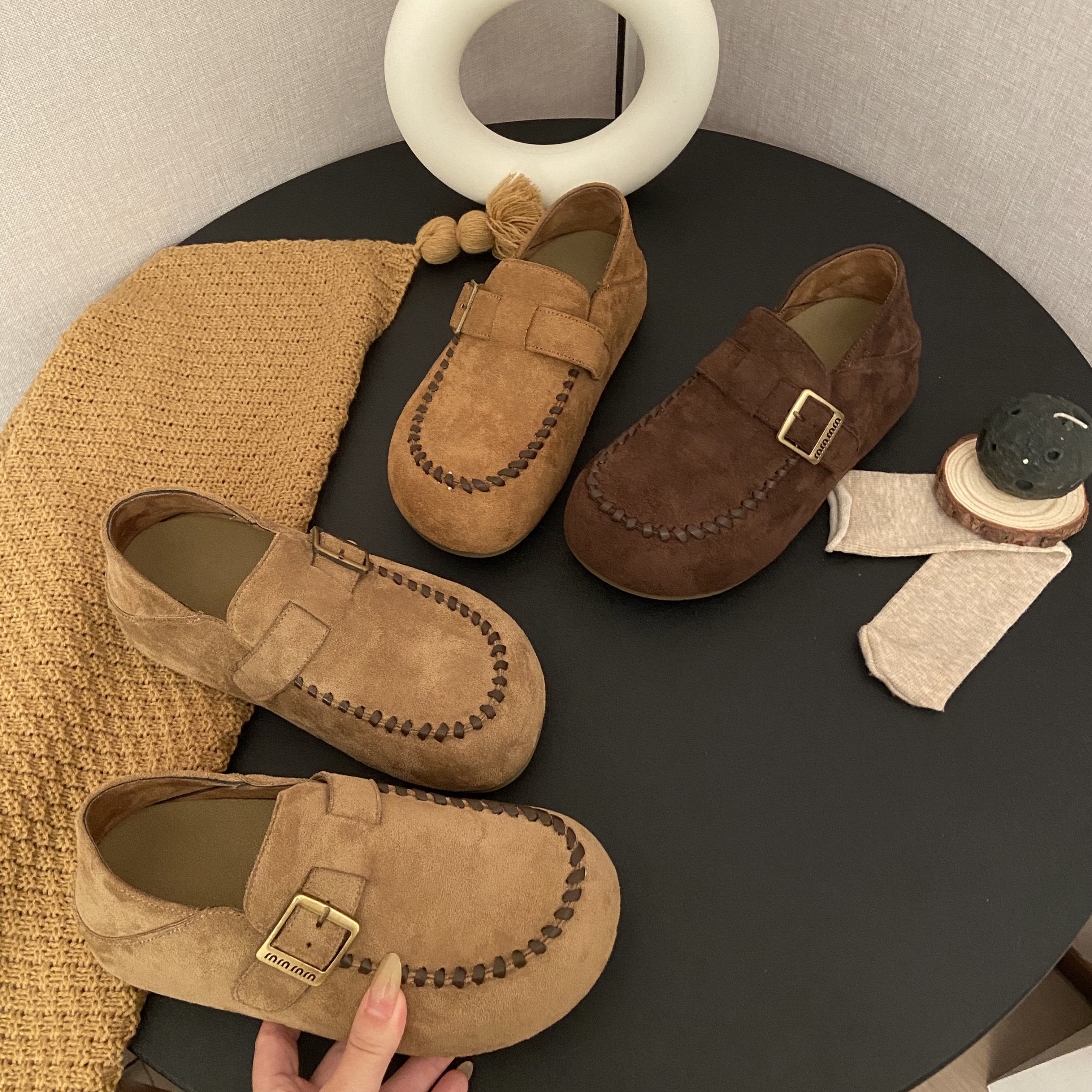 单鞋女秋季新款内增高圆头复古勃肯鞋女休闲百搭软底懒人豆豆鞋女