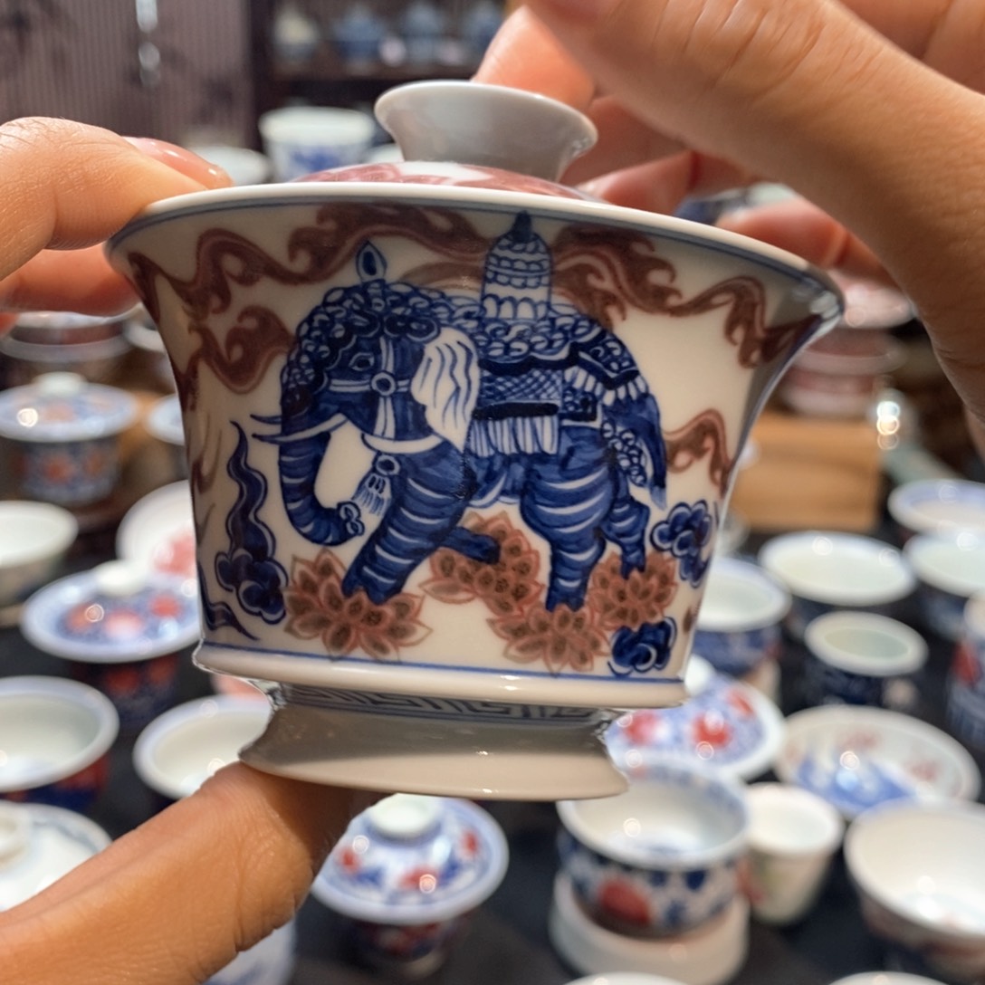 太平有象盖碗柴窑原矿手绘