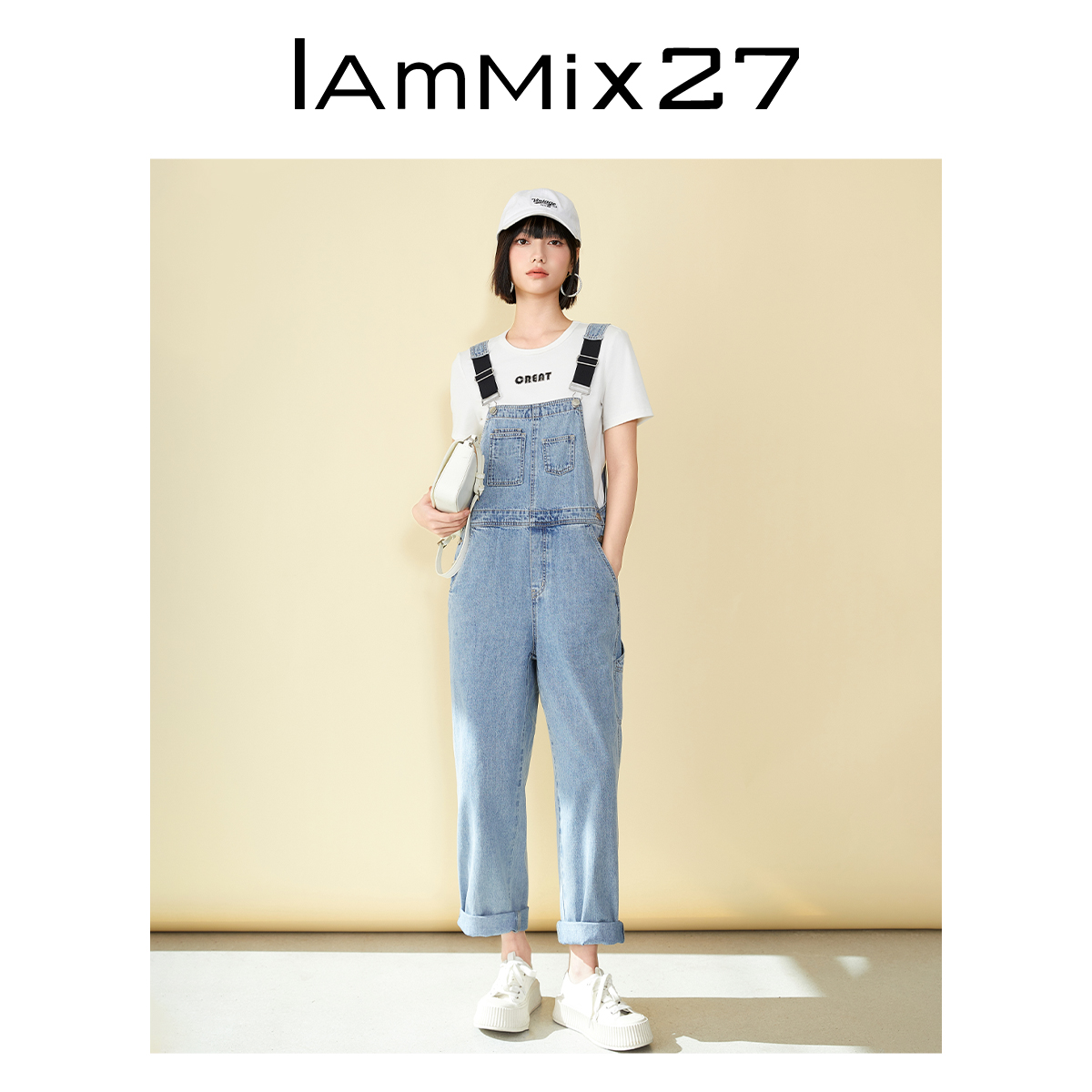 Iammix27全棉牛仔背带裤女复古全棉浅蓝色高腰牛仔背带裤M4B7069