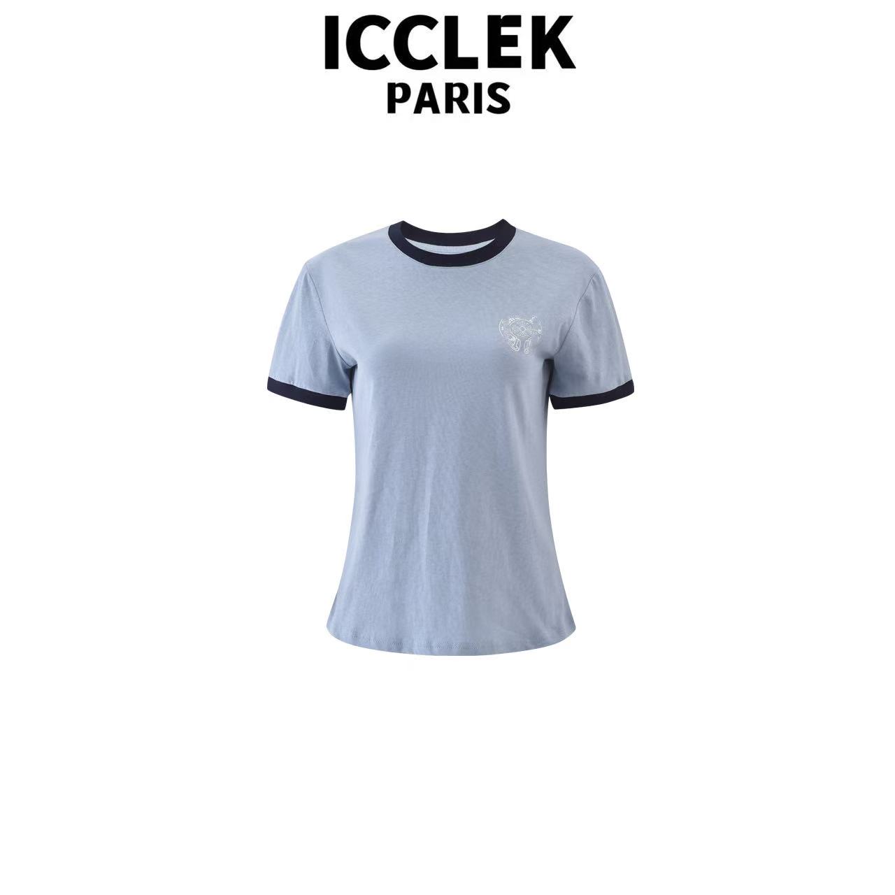 ICCLEK 蓝色圆领短袖时尚女装圆领休闲显瘦夏季百搭通勤-5678