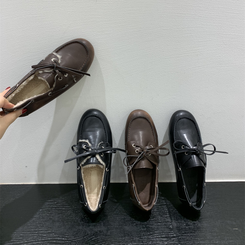 复古擦色加绒单鞋小棕鞋女冬季保暖棉鞋英伦风系带小皮鞋乐福鞋