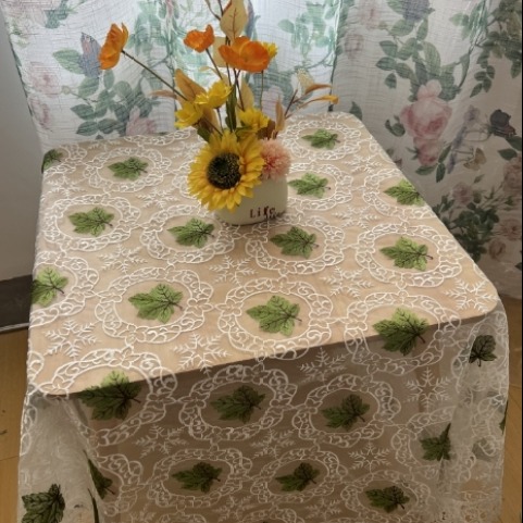 ZN012-30玻璃纱【170*170圆】白底绿叶高织高密桌布茶几布多