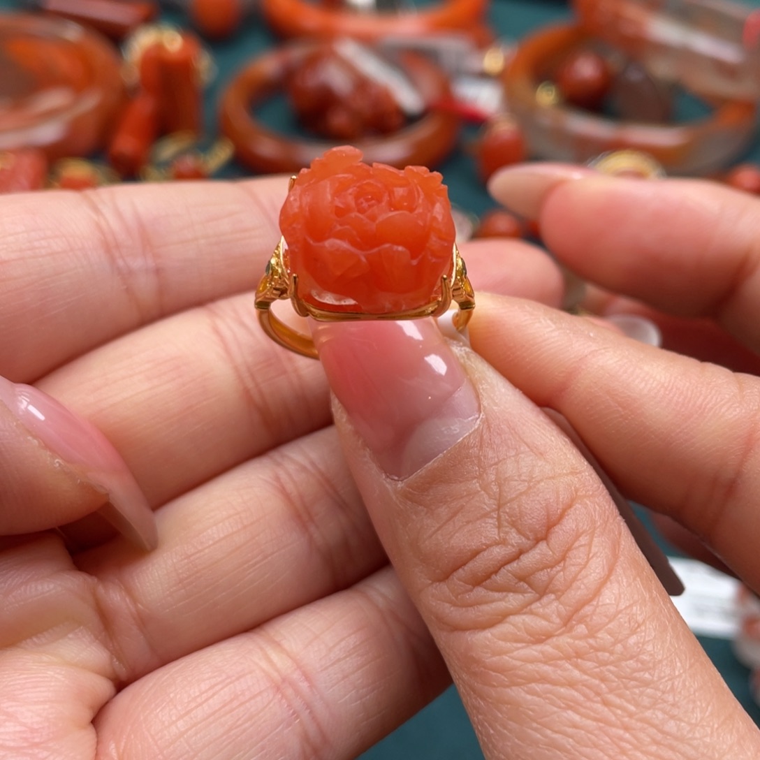 南红玛瑙银S925镶嵌保山南红哑光牡丹花戒指