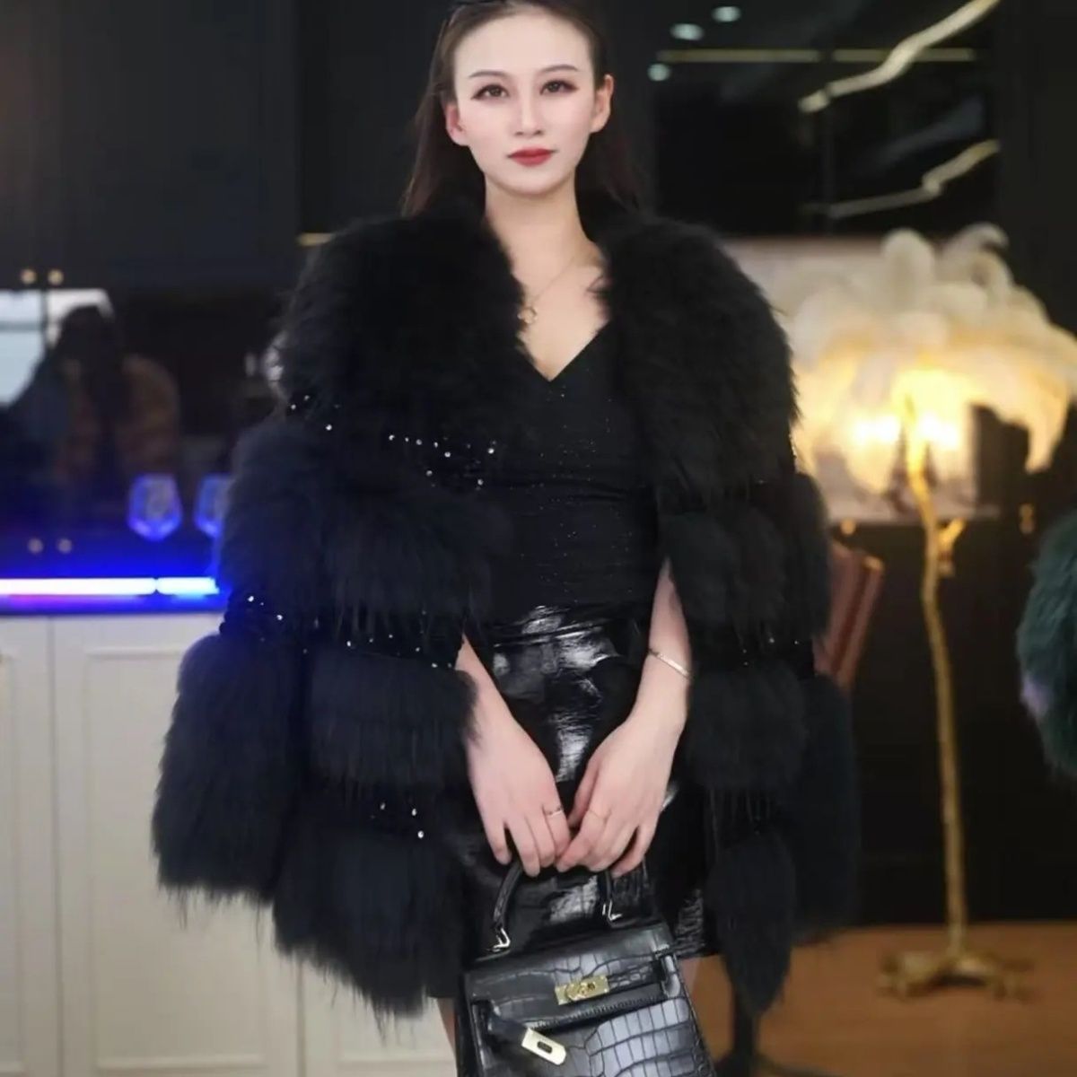 【纸醉金迷】2025秋冬亮片貉子毛名媛外套新款流苏洋气皮草大衣