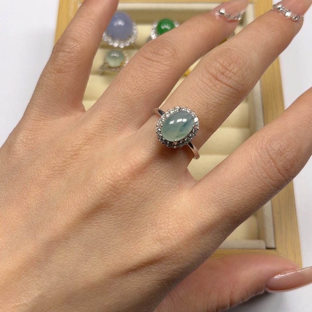 翡翠戒指银S925镶嵌冰飘蓝花蛋面戒指