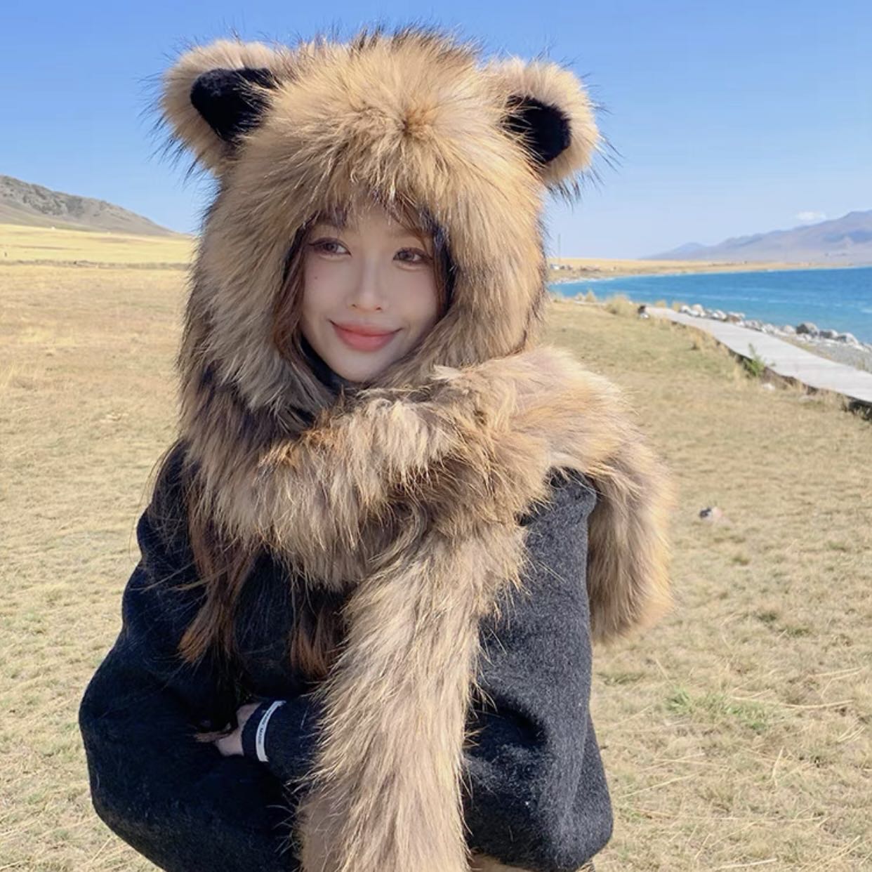 狐狸毛风雪帽冬季头巾帽卡通女围巾帽秋季帽子韩版中大童女宝牛仔