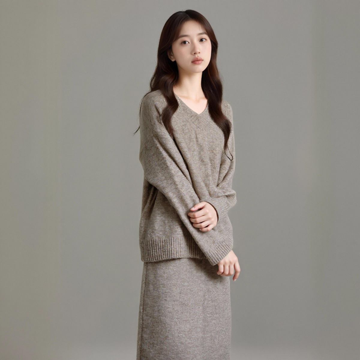 【首次PO价】西町村屋极简风套装女新款气质V领针织两件套HD8601515