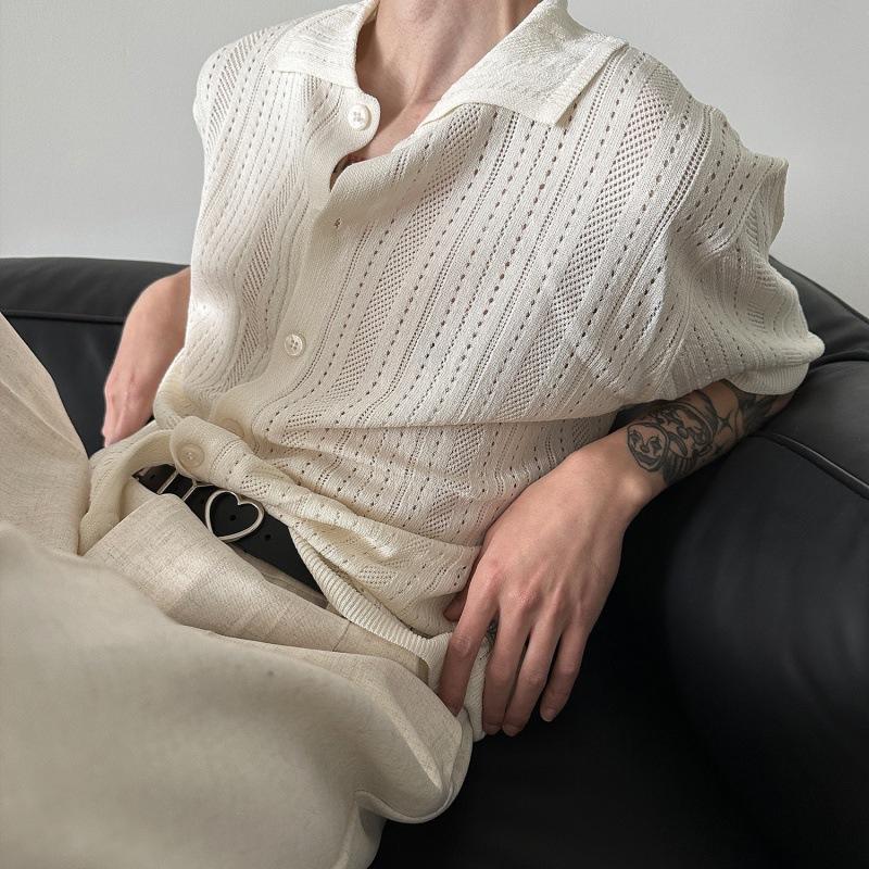 美式复古镂空翻领短袖针织衫男女时髦宽松慵懒蕾丝衬衣开衫上衣潮