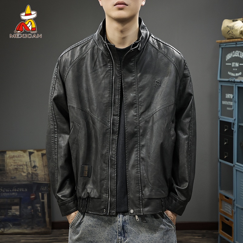 Mexican/稻草人春秋痞帅PU皮夹克男宽松美式上衣飞行员皮衣外套潮
