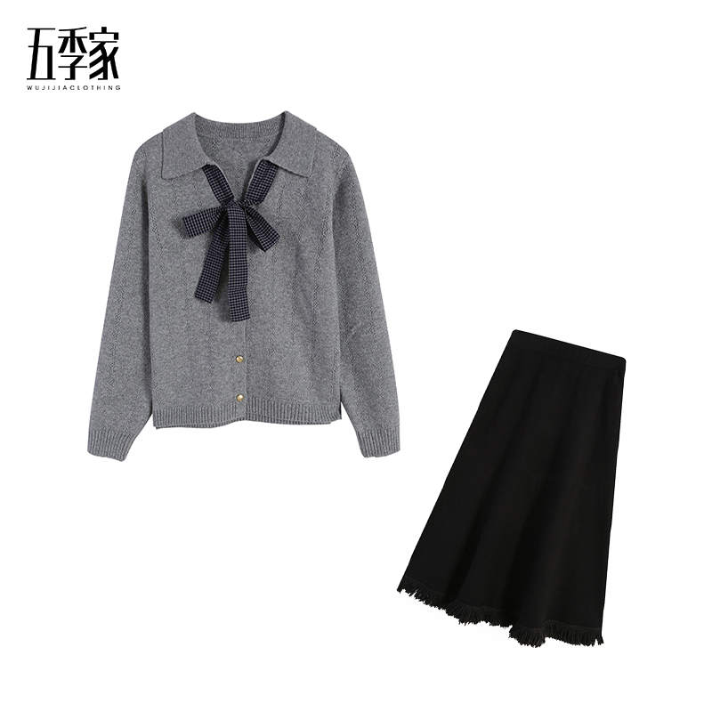 麦麦五季家大码ZL115609灰色上衣+ZL98869黑色长半裙 套装