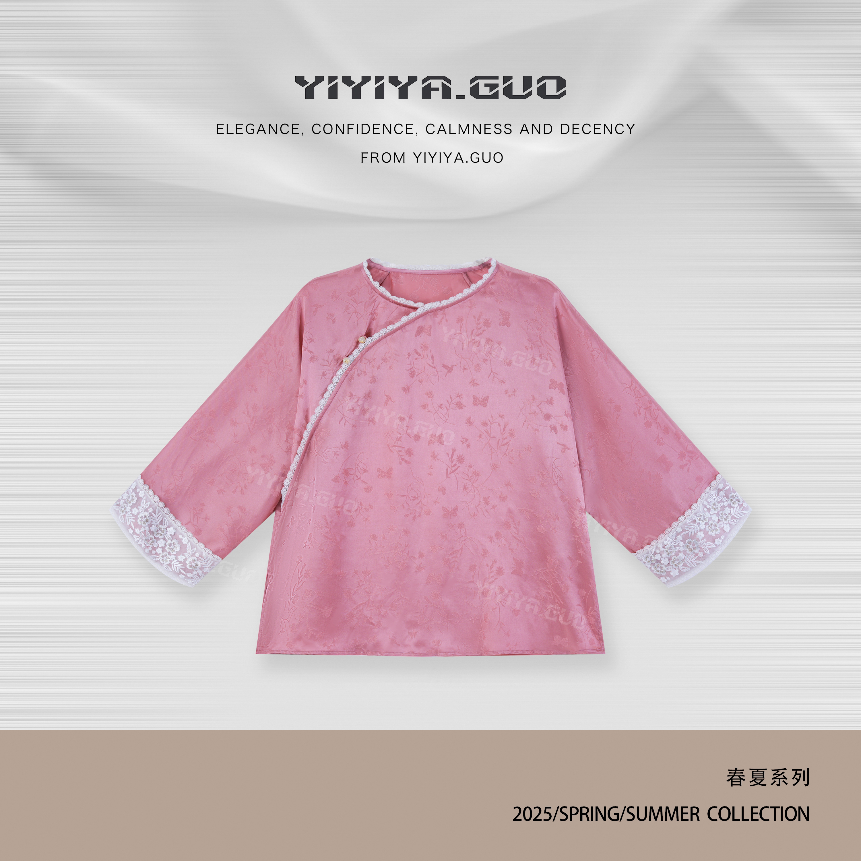 yiyiya.Guo艺艺吖【富家千金】提花斜襟袖口蕾丝刺绣上衣0740SS52