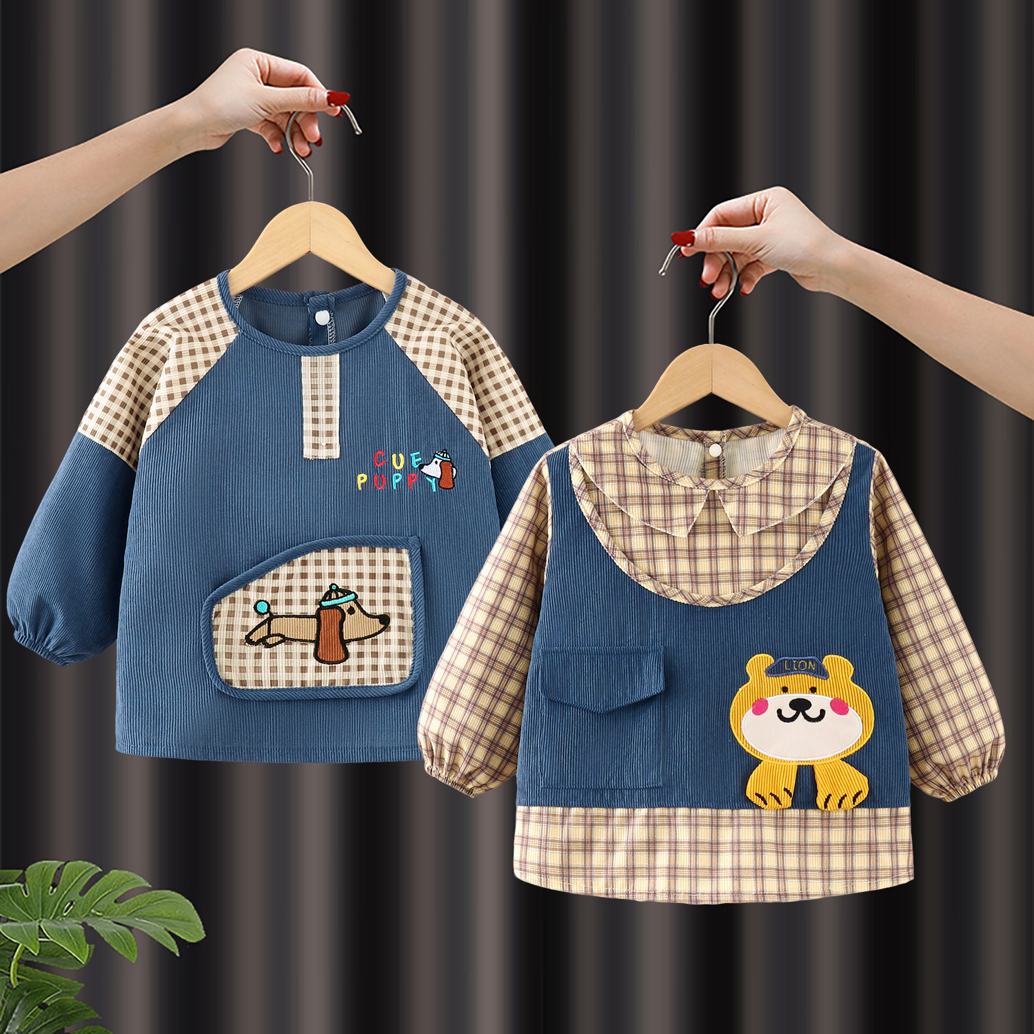 灯芯绒儿童罩衣幼儿园女宝宝吃饭围兜男孩防水防脏反穿衣饭兜围裙