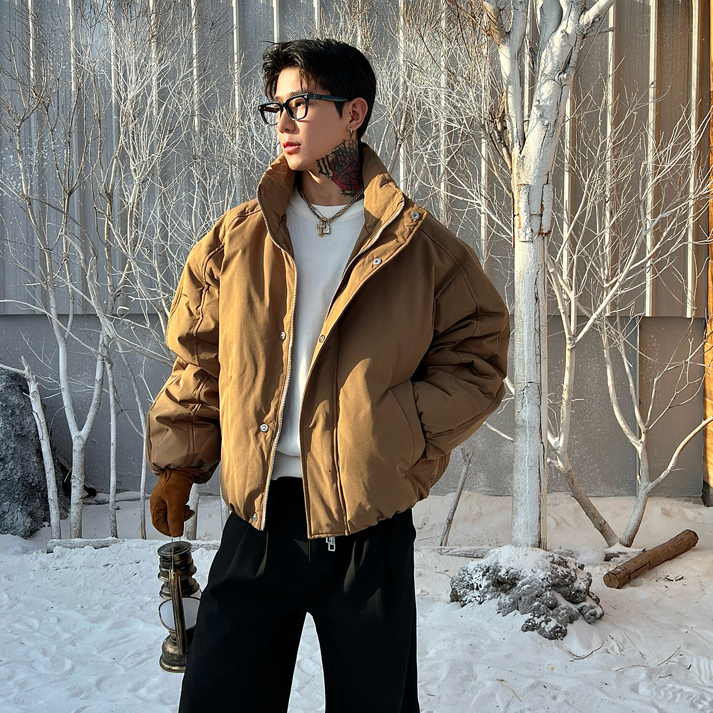 OXFREAK「雾面纯色 极简风」90白鸭绒飞行员羽绒服男冬季立领外套