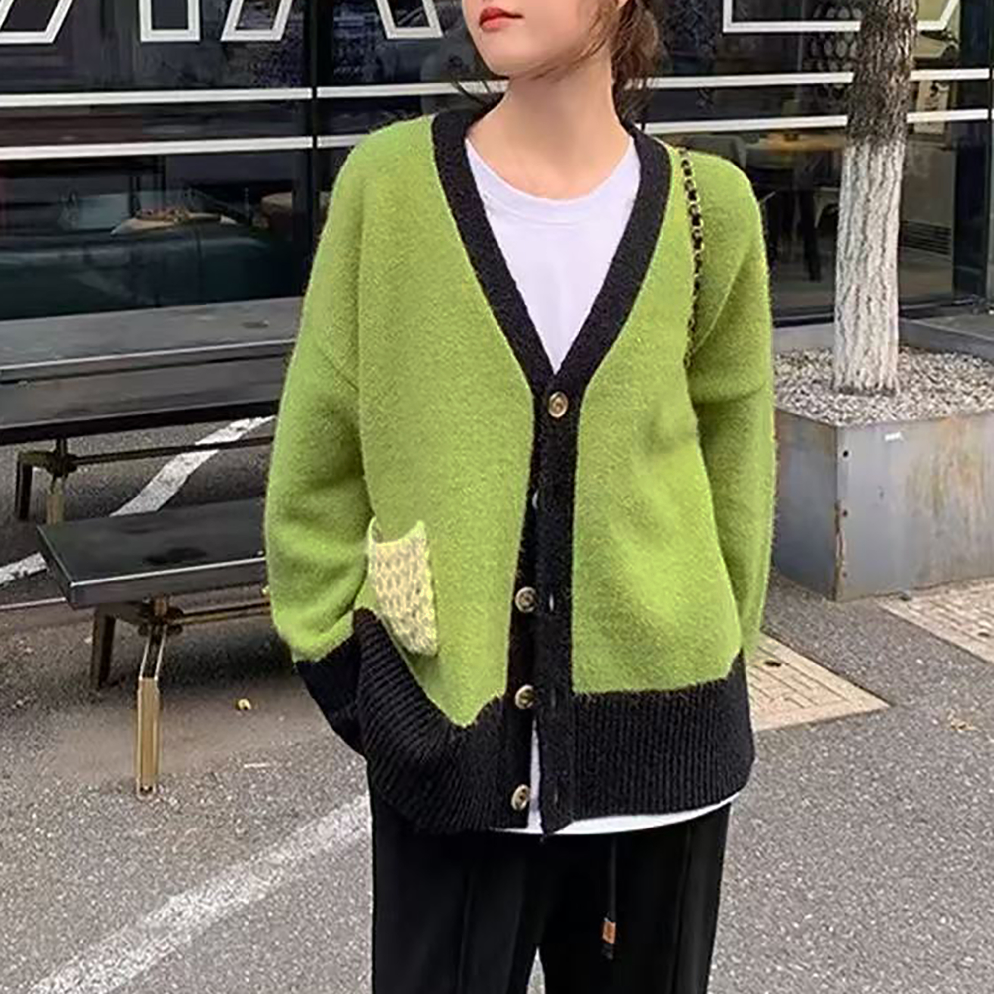 新品上新！女士撞色V领针织开衫毛衣H127