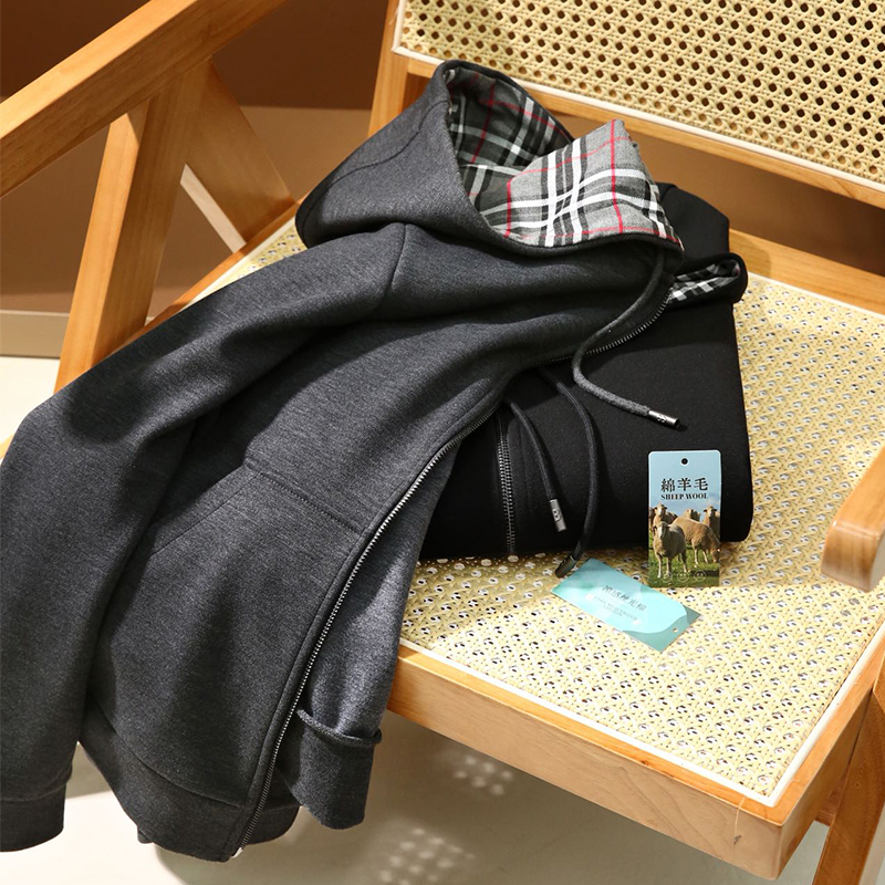 秋季轻奢系列绵羊毛混纺男士连帽卫衣休闲百搭双拉链外套HB2007