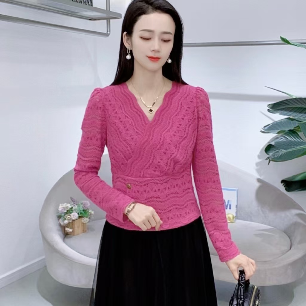 A7391法式V领蕾丝衫女秋季新款气质修身百搭长袖上衣