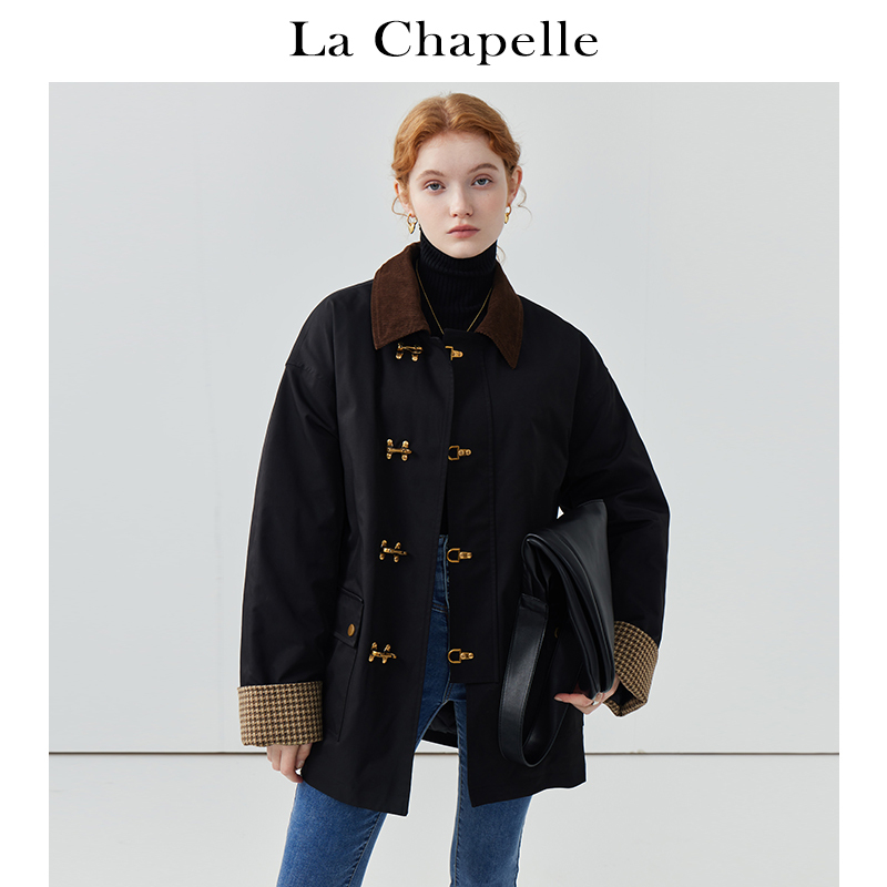 拉夏贝尔秋季复古卡其色翻领加厚棉服女宽松百搭保暖外套高级时尚
