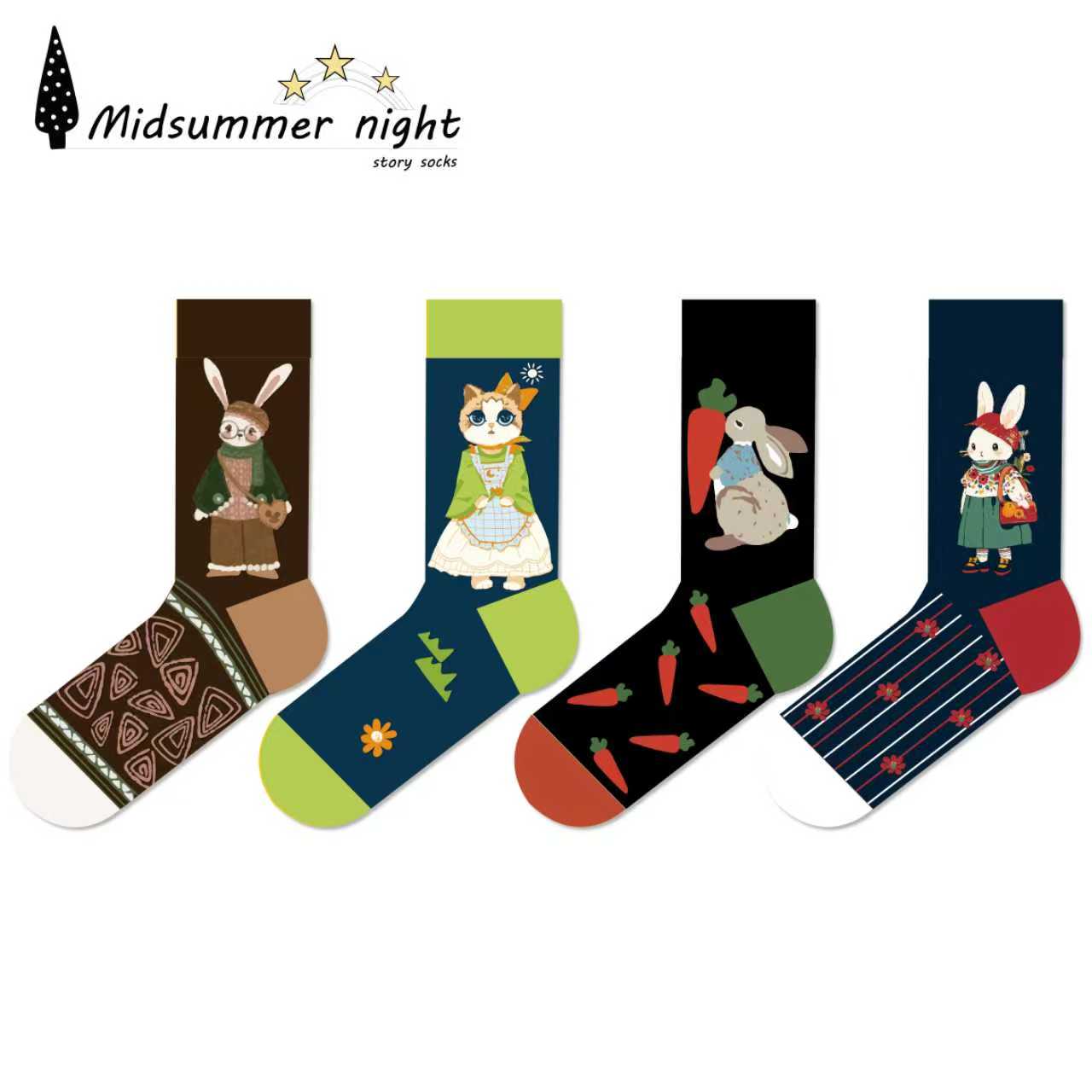 四双Midsummernight薄棉透气袜子柔软女袜防臭中腰可爱小动物袜子