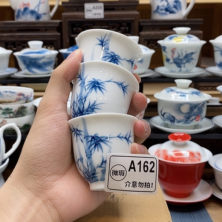 手绘一物一拍3个装竹子主人杯75cc釉下彩微瑕福利款