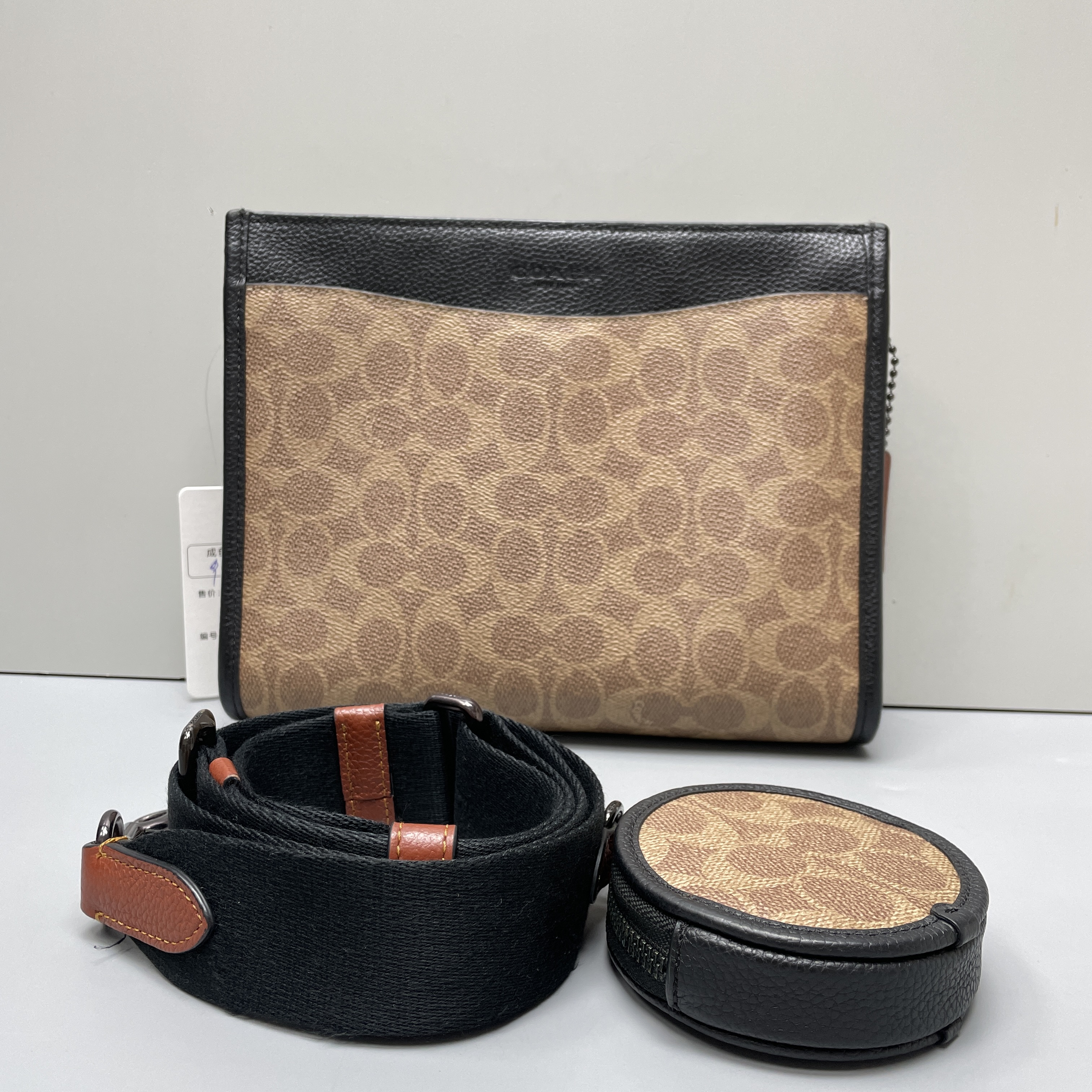 90新 COACH/蔻驰 小林男士黑拼老花子母斜挎包25*20*5cmB091705