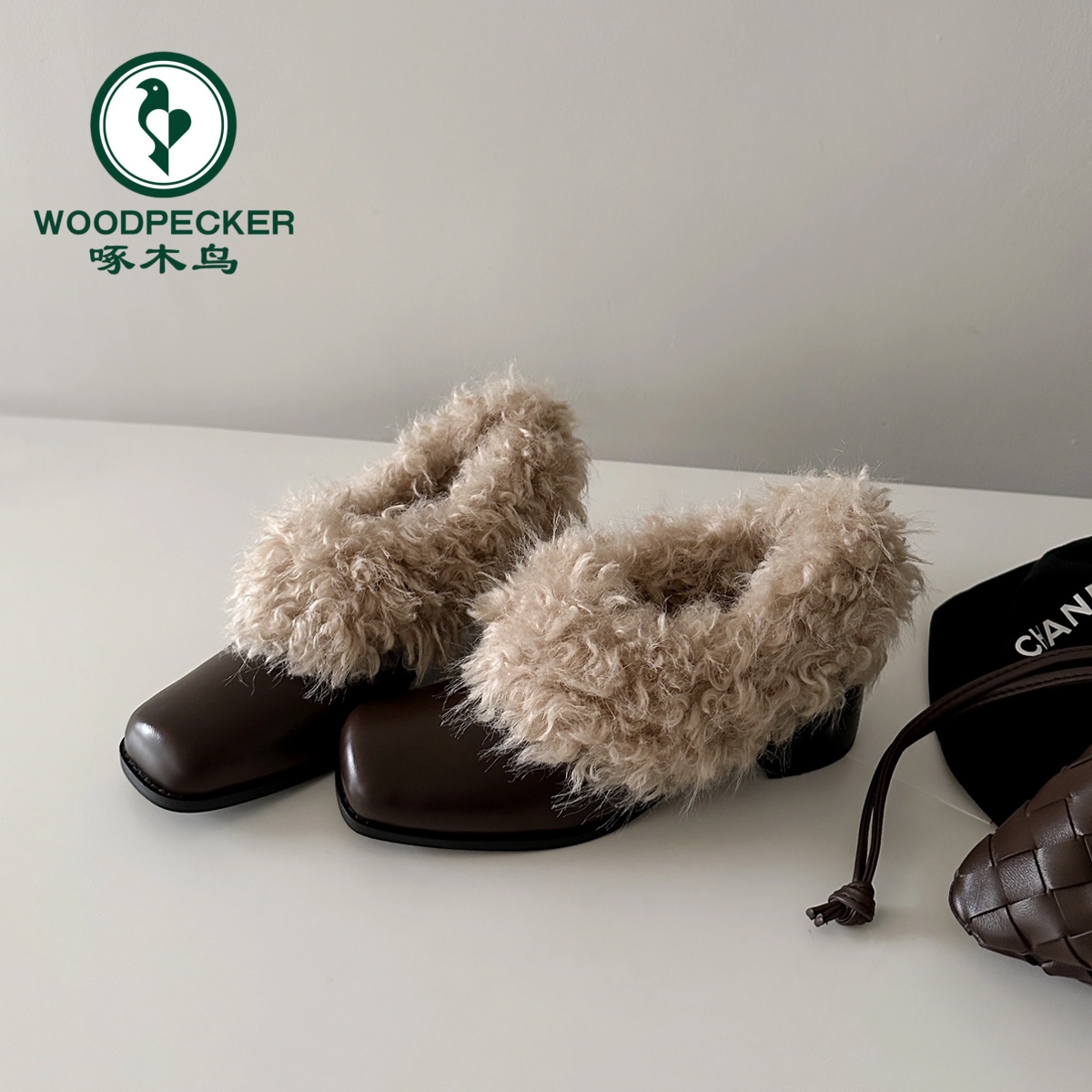 啄木鸟方头毛毛鞋一脚蹬复古加绒保暖玛丽珍小皮鞋棉鞋粗跟单鞋女