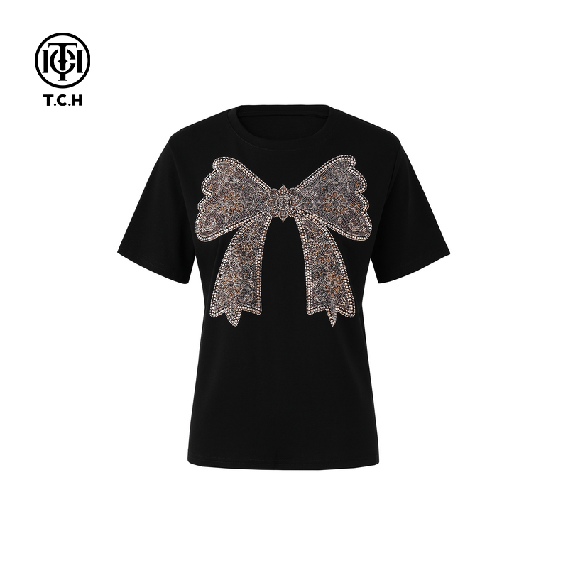 TCH私服烫钻工艺蝴蝶结黑色修身显瘦蕾丝T恤女T75A10E5015轻奢tch