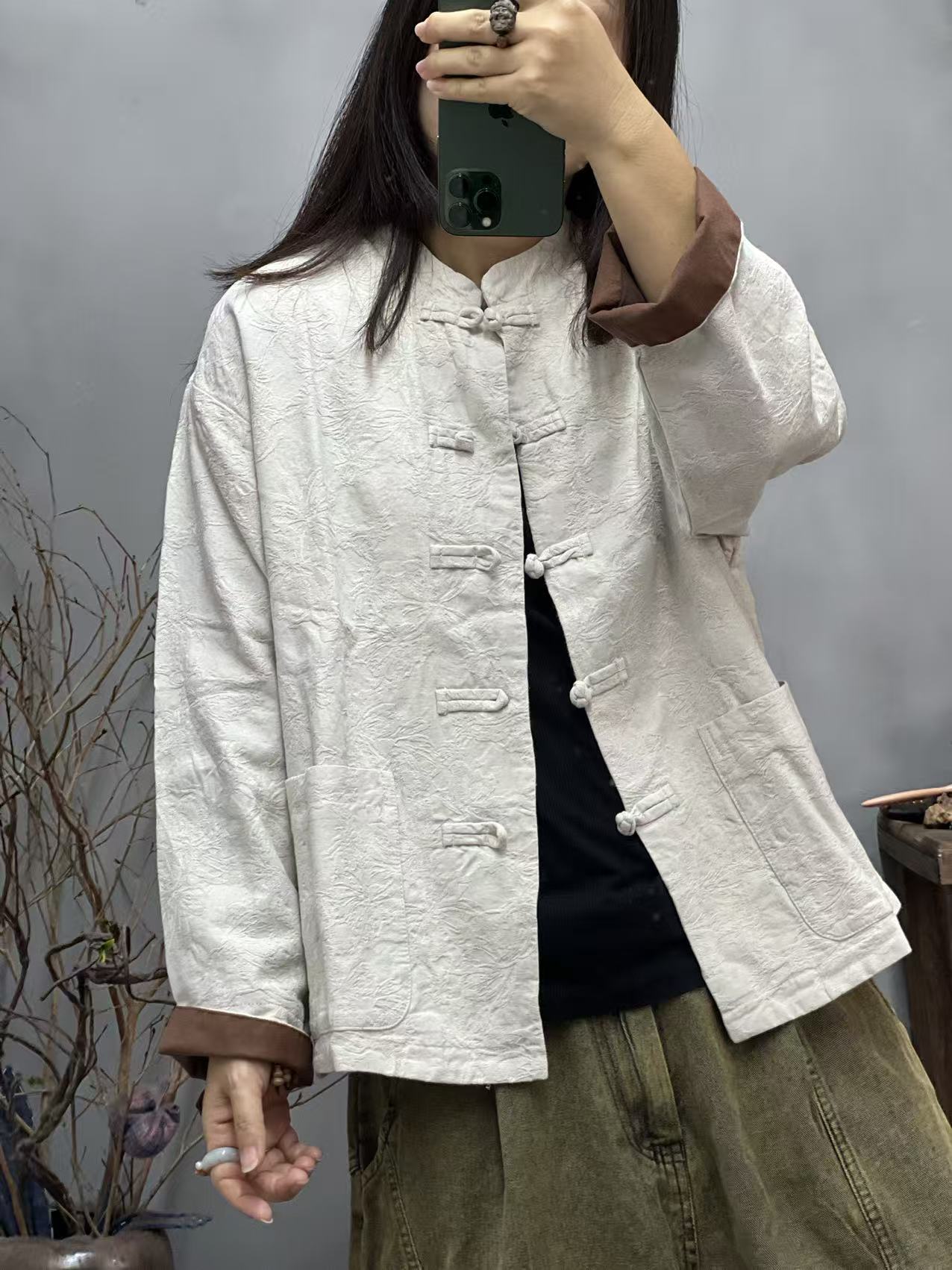 45 17669 秋季新品提花开衫盘扣复古文艺开衫女士外套胸围116长60