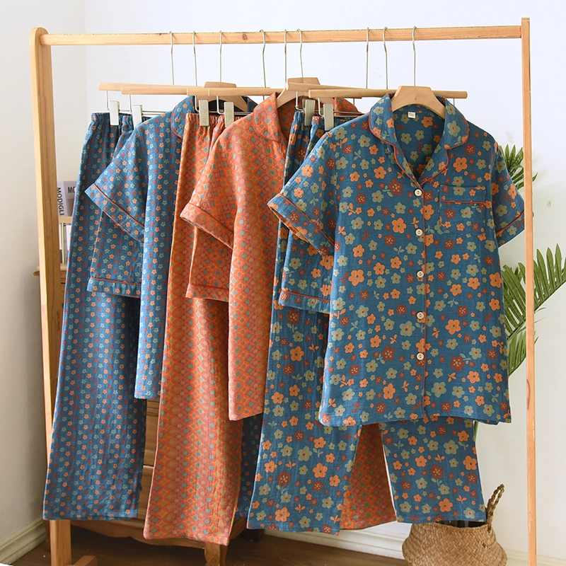 新款三件套全棉提花色织家居服女士春夏短袖短裤长裤套装薄款睡衣