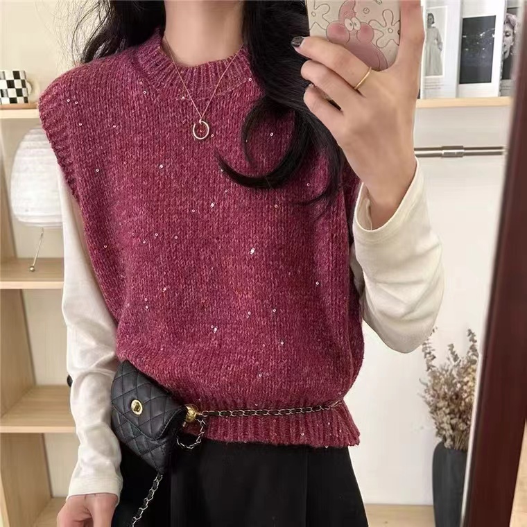 圆领树莓粉亮片针织马甲背心女士2025春秋新款加厚显白毛衣坎肩