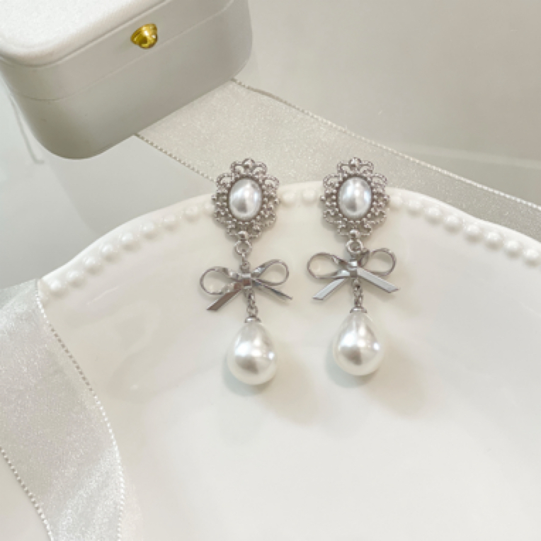 非金属仿珍珠耳饰 宫廷风法式复古珍珠蝴蝶结耳环芭蕾风千金耳钉