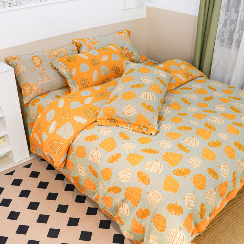 亲肤棉双层纱四件套--新福贵南瓜（床裙纽扣）加厚单人小清新