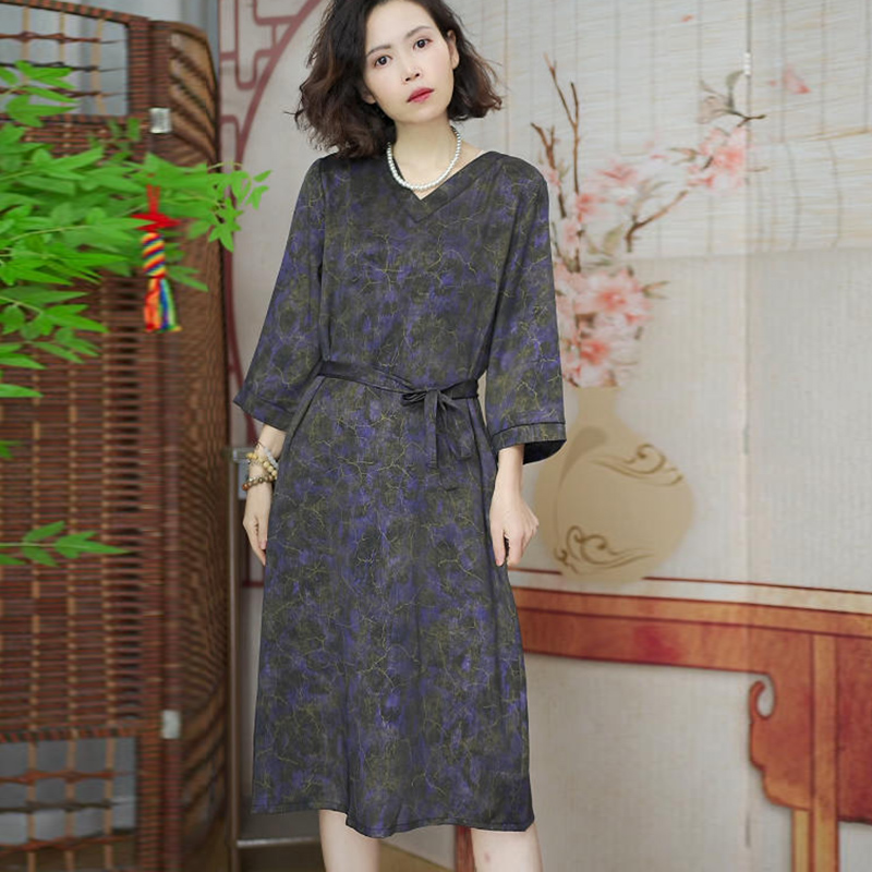 225 墨紫灿烂 女装连衣裙春显瘦气质复古中式中长款文艺印花