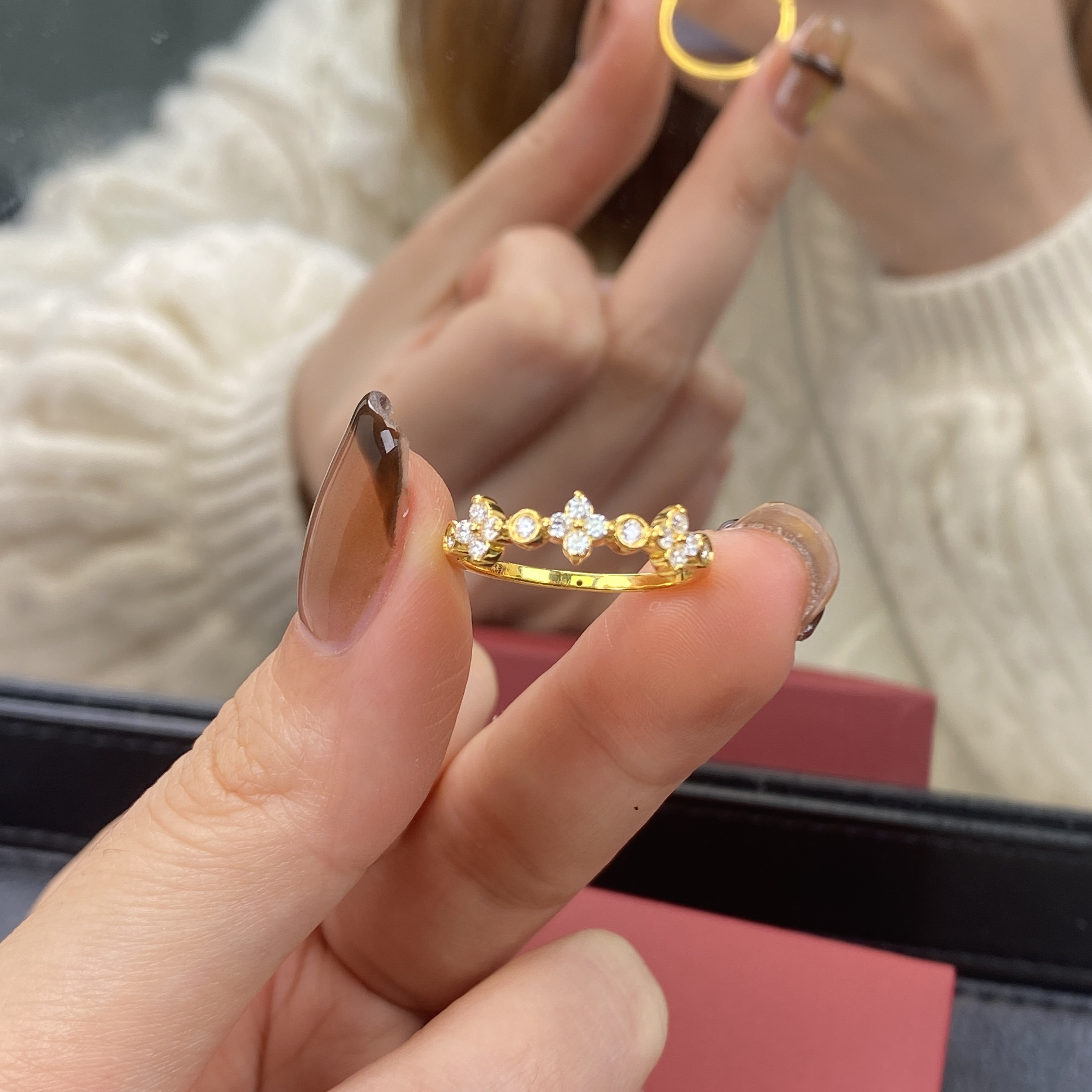 璟金珠宝足金999黄金6D闪耀四叶花戒指时尚气质百搭送礼圈口可选