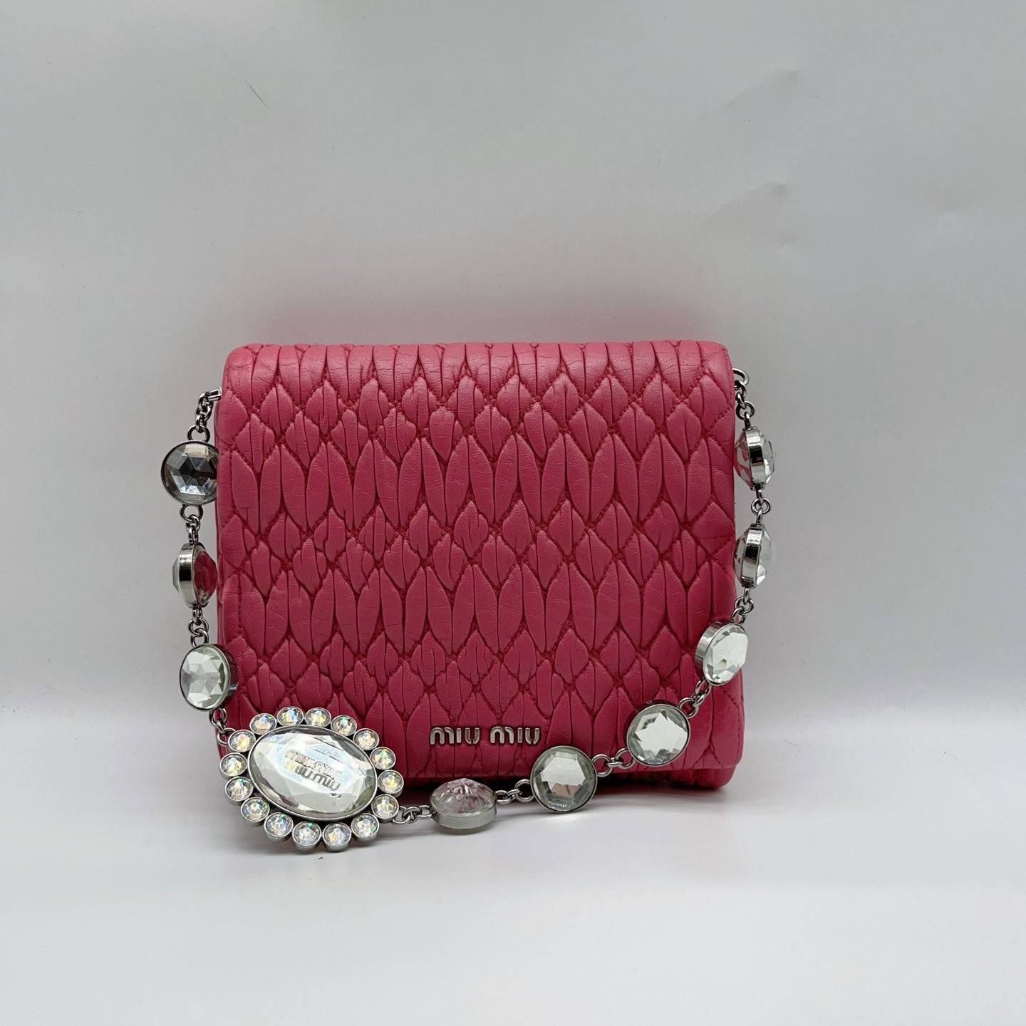 95新 MIU MIU/缪缪  粉色褶皱宝石链条包  1404 7869 