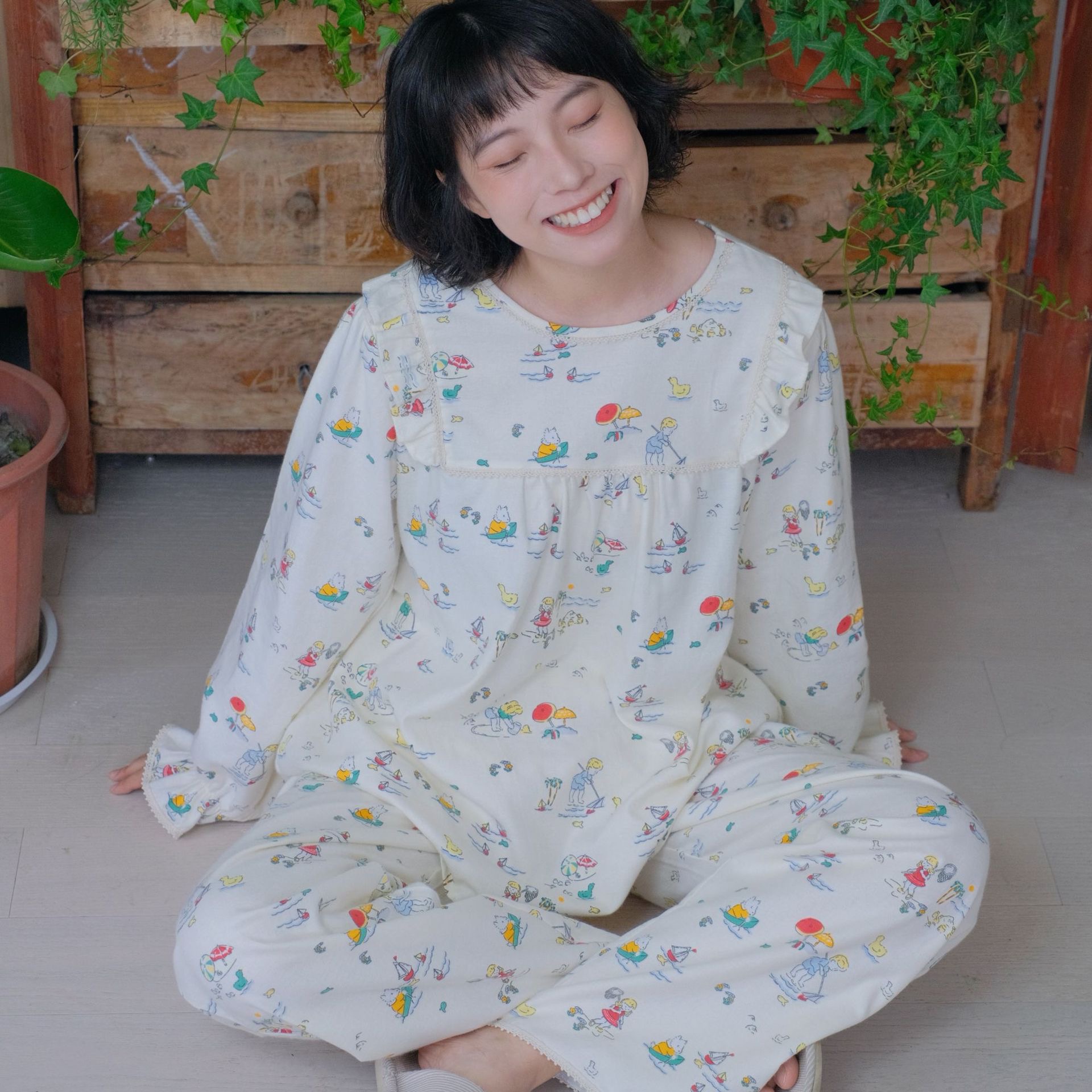 悦己【假日时光花边圆领】小众设计甜美减龄纯棉磨毛保暖家居服套装