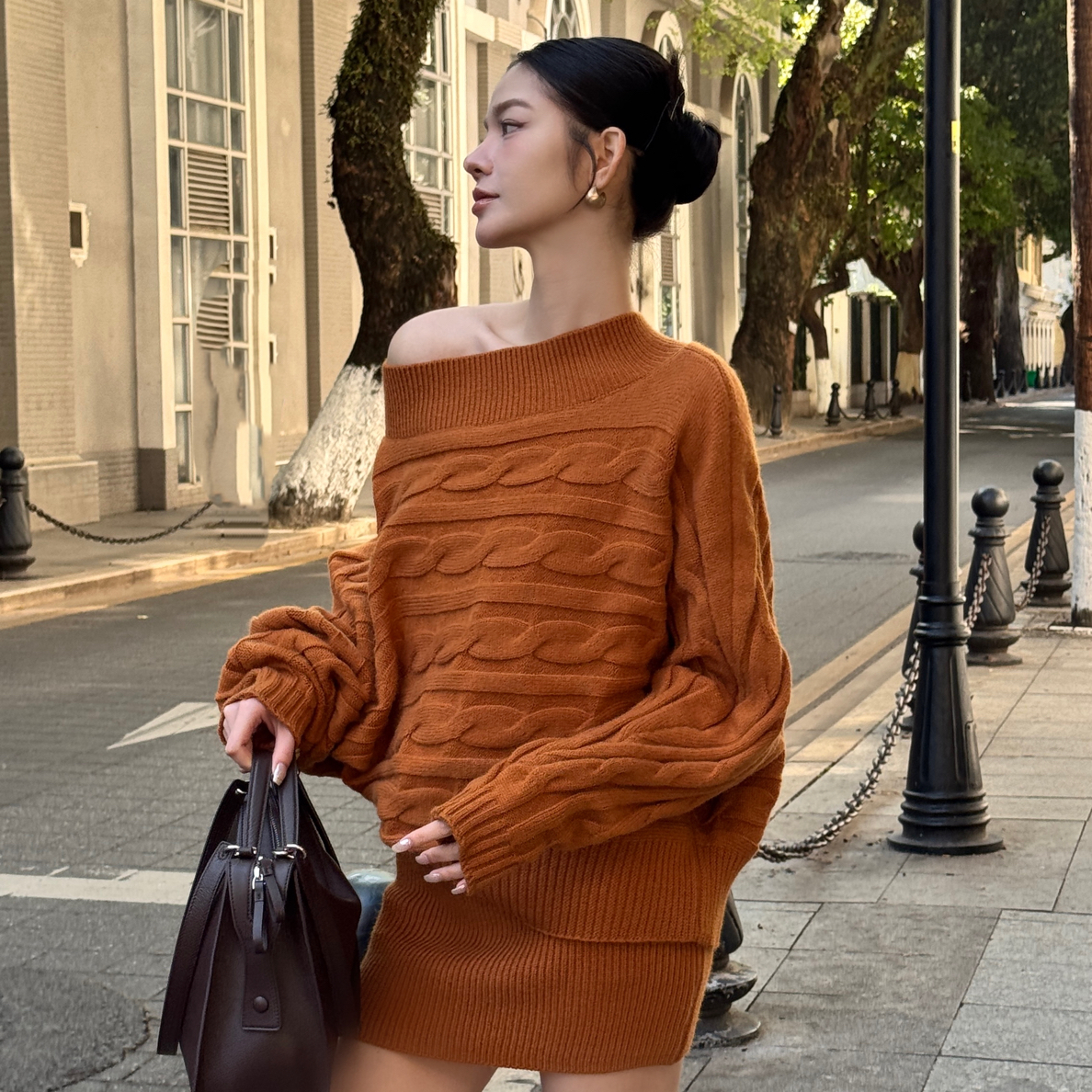 【琪琪怪怪】麻花斜肩一字领慵懒风加厚毛衣套装