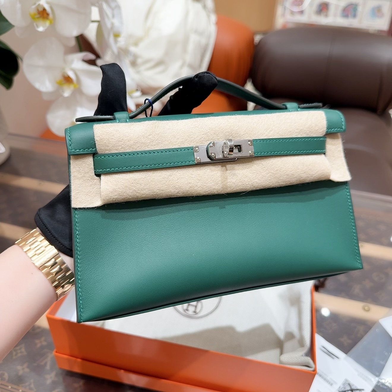 未使用 Hermes/爱马仕 Mini Kelly一代  新色65中绿色 银扣 